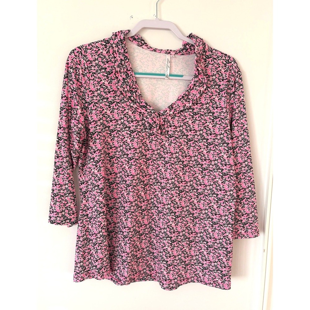 Lulu-B Pink Black Leopard Print V-Neck 3/4 Sleeve Top Women Large Stretch